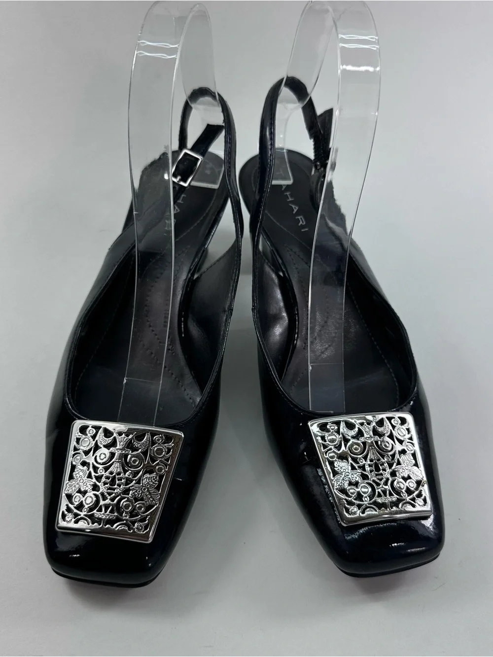Tahari Black Patent Slingback Pumps with Silver Filigree Buckle